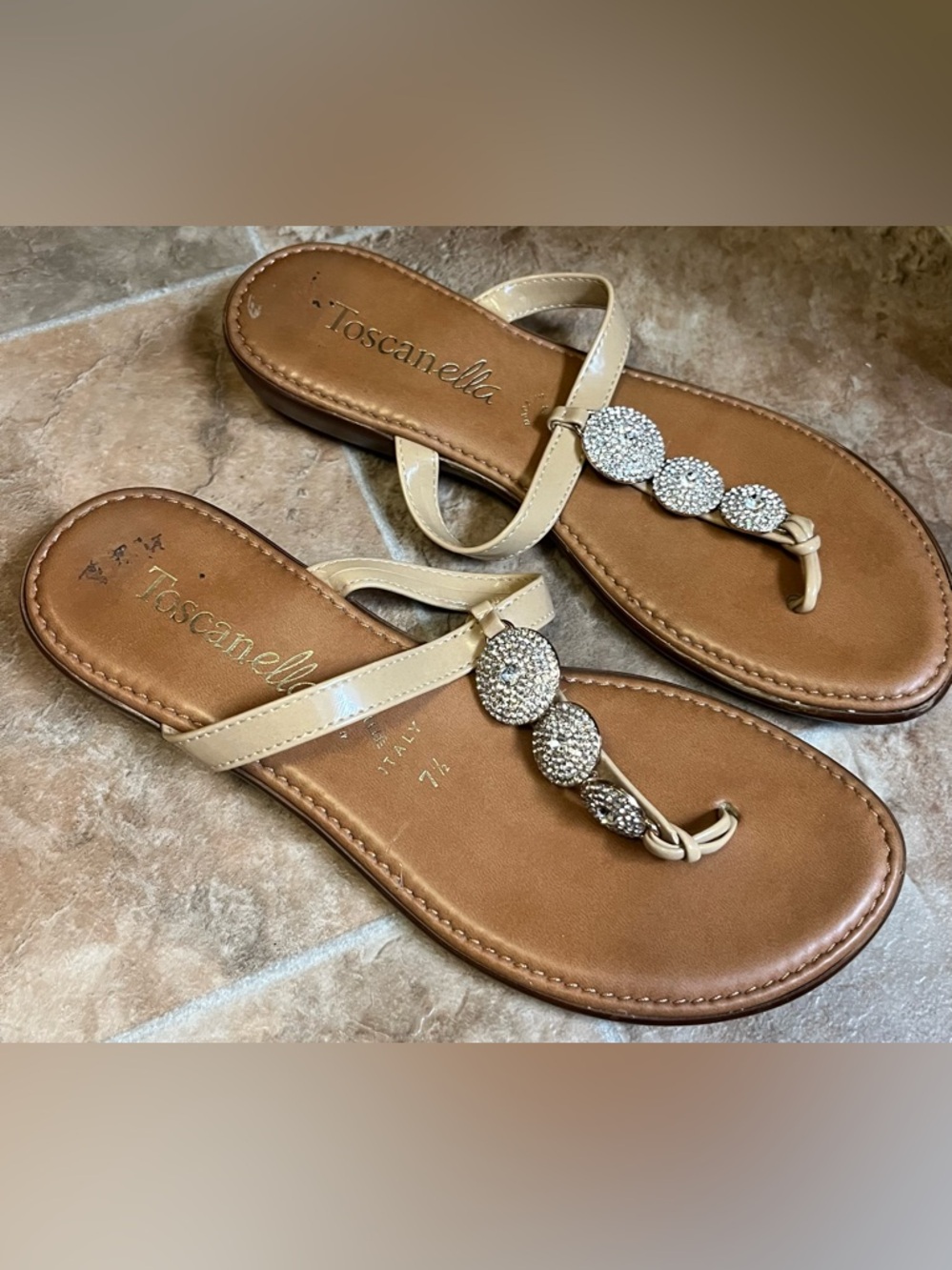 Toscanella Cream Patent Thong Sandals with Crystal Accents